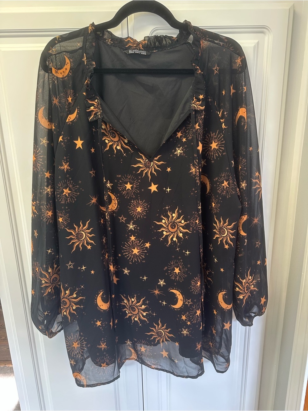 BloomChic Black Blouse with Gold Celestial Print